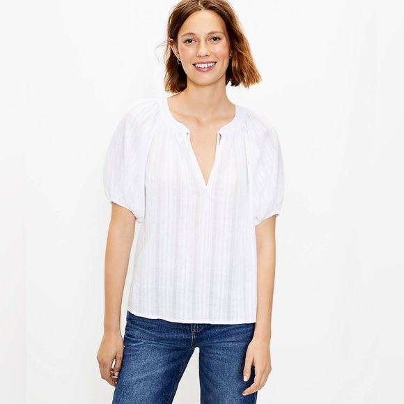 LOFT Tie Neck Puff Sleeve Top - Picture 1 of 5